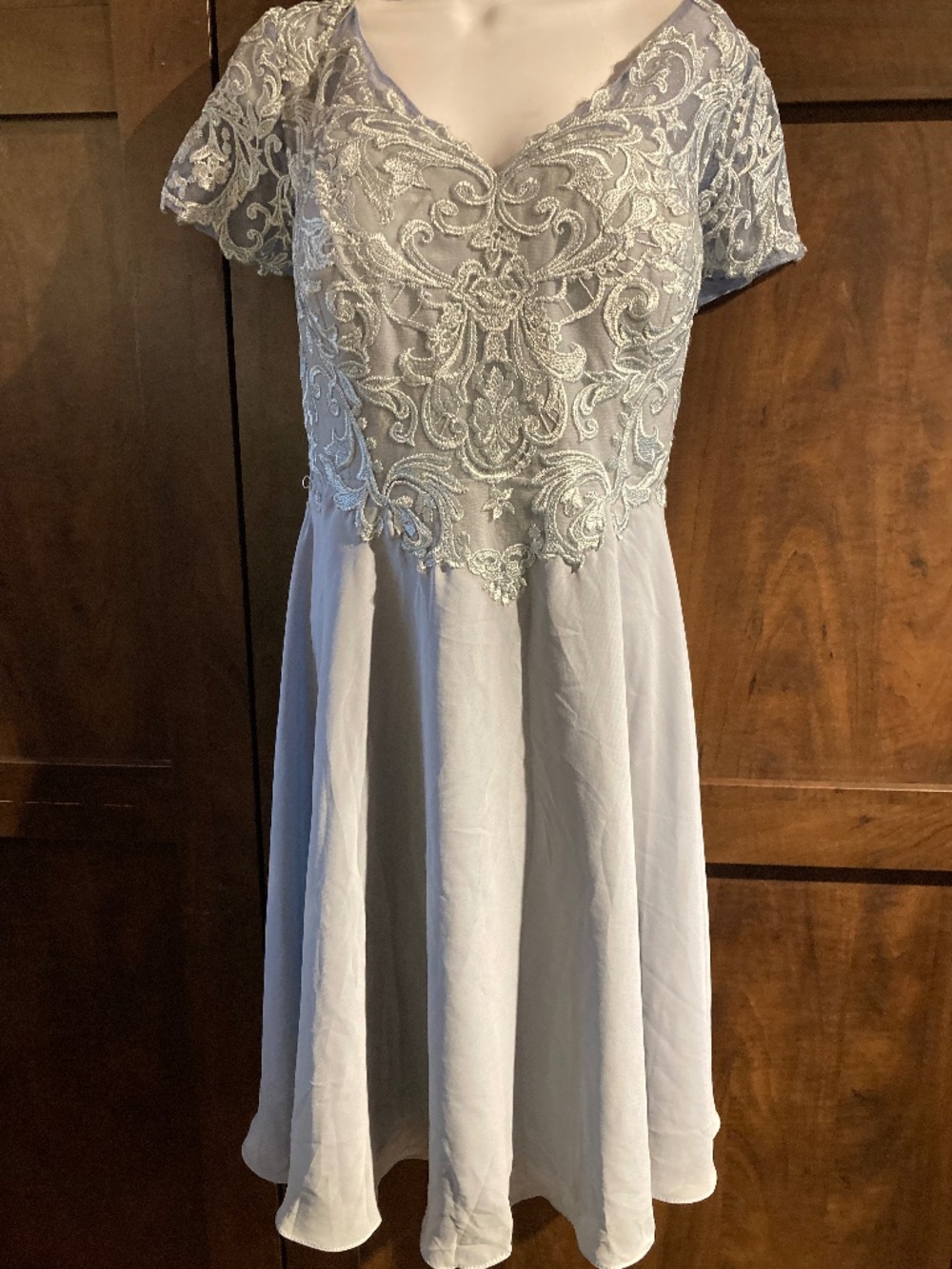Dusty Blue A-Line V-Neck Short-Sleeved Tea-Length MOB Dress with Lace Detail